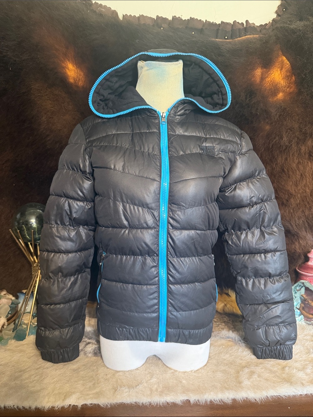 Kids Lightweight Puffer Jacket with Hood - Black/Blue Trim 14/16 (6004)